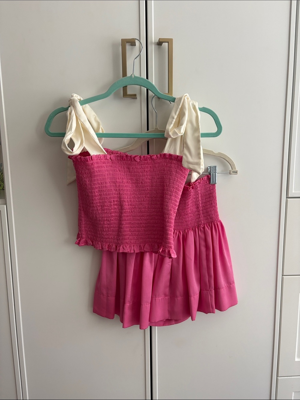 Pink Smocked Strapless Top with Cream Tie Straps and Skirt! SET!!